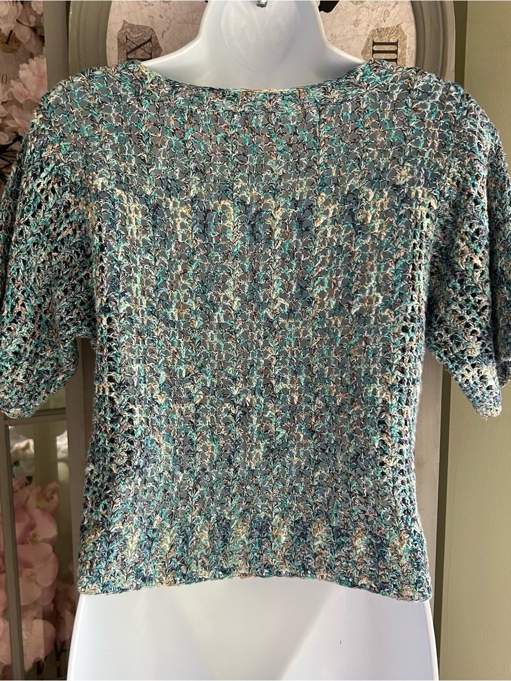 Lightweight Crocheted Button-Front Cardigan in Teal Multi - Picture 4 of 6